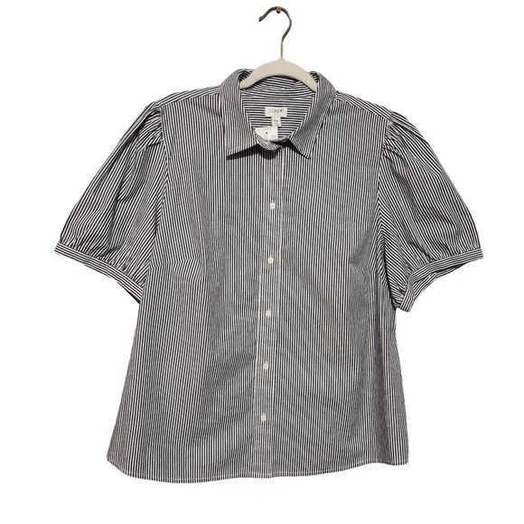 J CREW Striped Puff Sleeve Button Up Shirt Womens Plus XXL Navy White Coast NWT - Picture 2 of 10